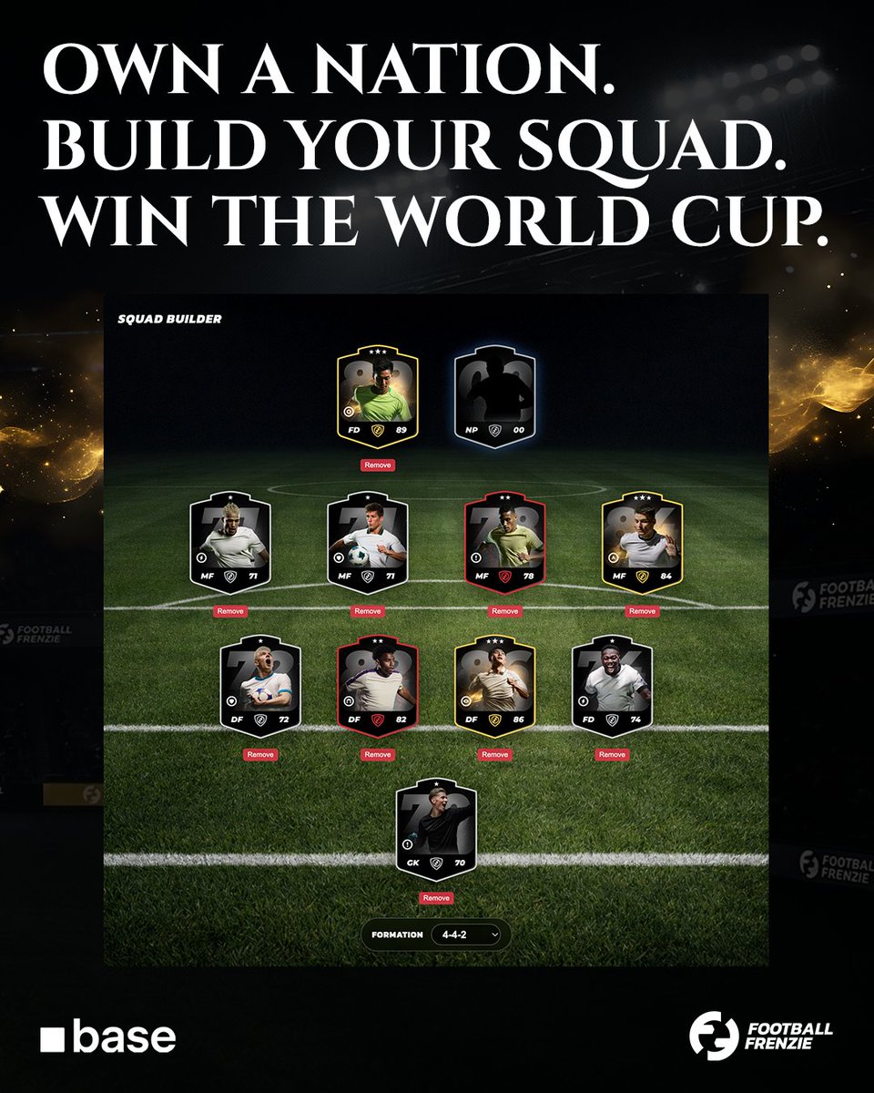 F_Frenzie's tweet photo. Your NFT could win the World Cup. 🏆

Football Frenzie is a fantasy football game built on Base where every Country NFT represents a real nation competing in the FIFA World Cup.

If your nation keeps winning, your NFT stays alive.
Build a squad of Player NFTs.
Climb the leaderboard.
Compete for prizes.

Even eliminated countries get a second chance through the Redemption League.

Which nation are you backing? 👇