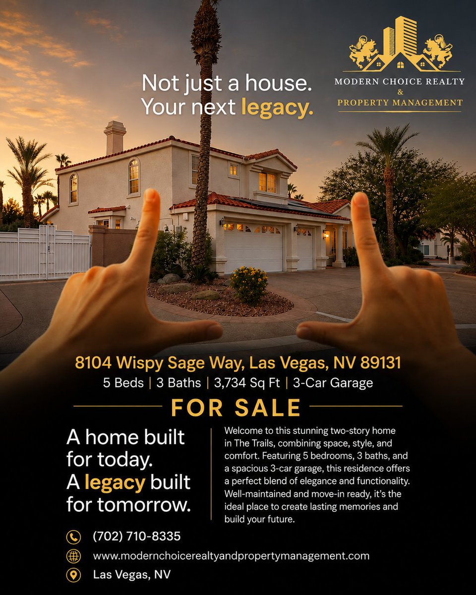 RealtorMehrooz's tweet photo. 🏡 FOR SALE

8104 Wispy Sage Way
Las Vegas, NV 89131
✨ 5 Beds
✨ 3 Baths
✨ 3,734 Sq Ft
✨ 3-Car Garage

Not just a house. Your next legacy.
📩 DM for details and private tours.
#LasVegasRealEstate #LasVegasHomes #HomeForSale #LuxuryHomes #MovingToLasVegas https://t.co/tWKmAKUTsE