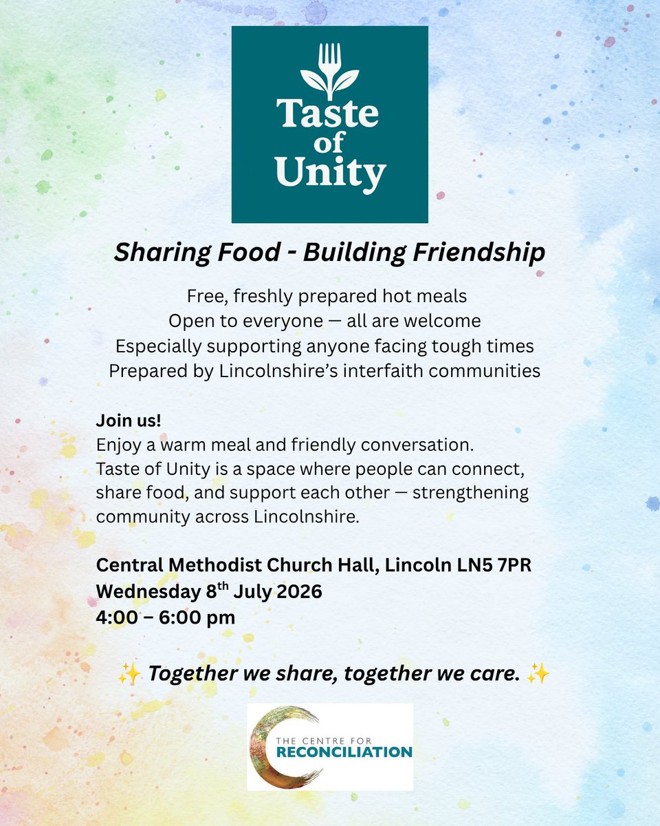 TCfReconcile's tweet photo. 🍲 Taste of Unity 🍲
Free hot meal • Friendly conversation • Everyone welcome
📍 Central Methodist Church Hall, Lincoln
📅 8 July 2026 | 🕓 4–6pm
✨ Together we share, together we care.
#TasteOfUnity #Lincoln #Community #EveryoneWelcome https://t.co/CA6zQFeJnU