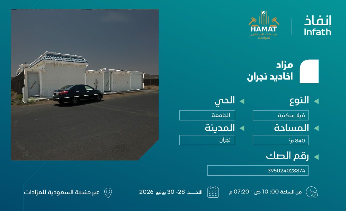 sf_2345's tweet photo. تعلن مؤسسة مزاد هامات الفخر العقارية
تحت اشراف مركز الاسناد والتصفية #انفاذ
وبقرار من محكمة التنفيذ
عن فرصة عقارية بمزاد أخاديد نجران
فيلا سكنية بمساحة 840 م
سارع للمشاركة عبر منصة السعودية  https://t.co/di9rVAd4Lg
للتواصل
0506133301
@infathAuctions
@infath_sa https://t.co/kR6e2SzqYW