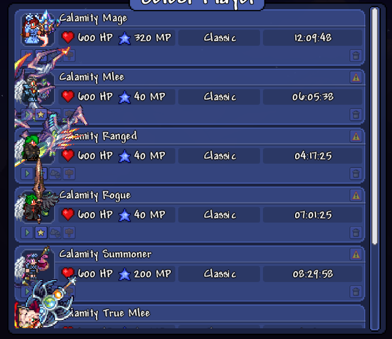 CosmicCheifess's tweet photo. (43 hours of terraria over the past 5 days to beat calamity 6 times lmfao.

if i had to rank the most fun it'd be like...
1) Mage
2) Melee
3) Summoner
4)Ranged
5) True Melee

6) Rogue, so far down it's rotting in hell like it deserves. https://t.co/JkoLywxnLi