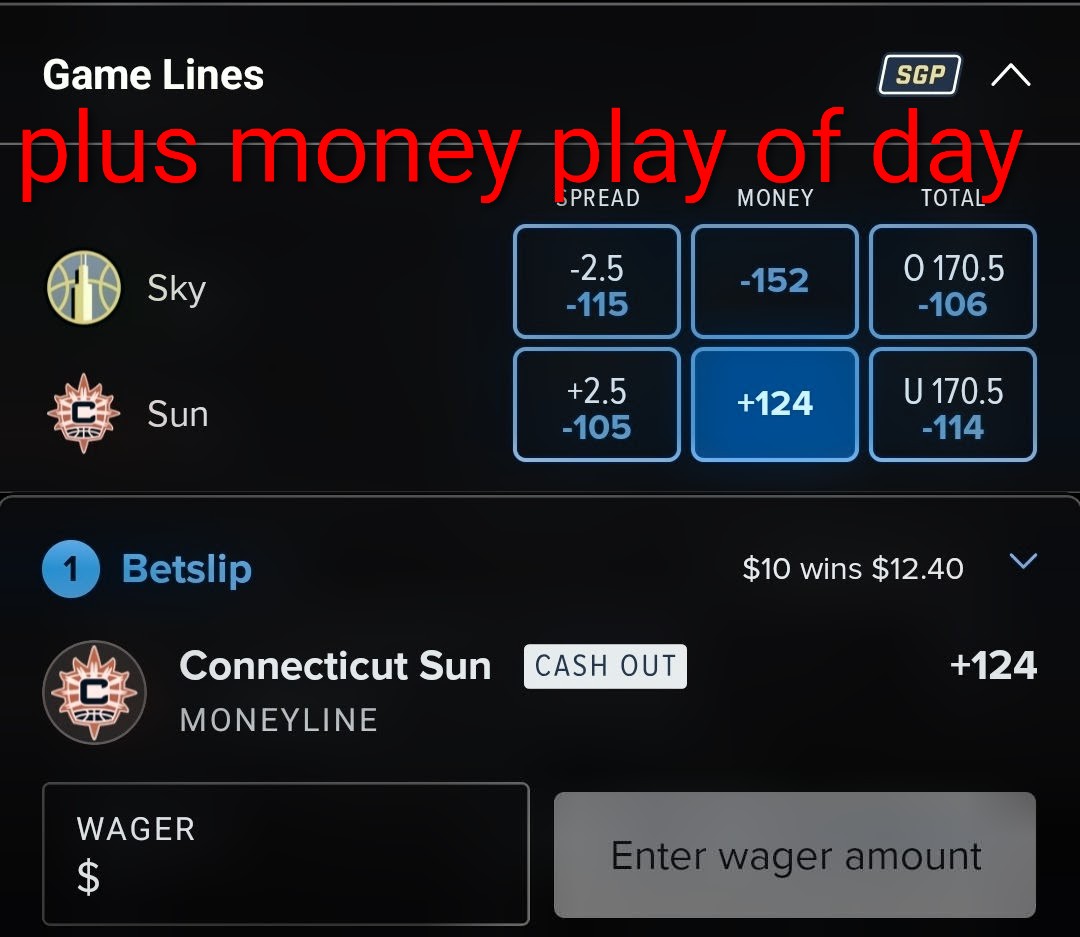 RodFinthewin's tweet photo. Plus money play of the day 06/22/2026
Connecticut sun moneyline 
Both teams coming off tough losses in back to back games two of the worse records in the league we going with the hometeam +124 #plusmoney #freeplay #doubleup https://t.co/XWIZp0UHPY