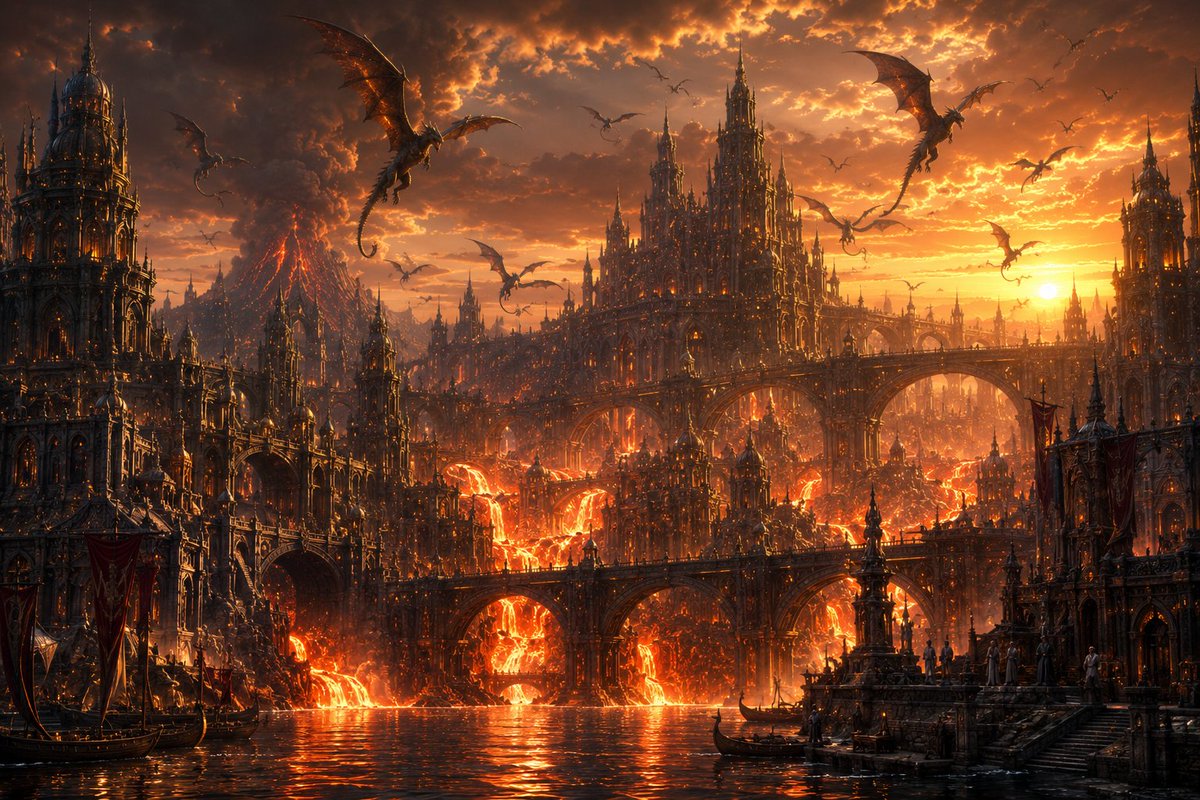 ValyrianReign's tweet photo. At its peak, Valyria was breathtaking. A city of black stone towers and bridges, canals of flowing lava, dragons nesting on every rooftop. Scholars, sorcerers, and architects built wonders that have never been replicated. It was the closest thing to paradise the world had known. https://t.co/GIE8nraoi1