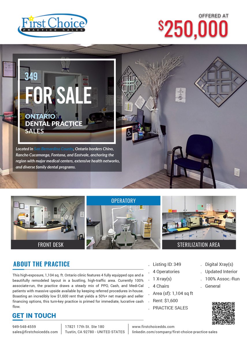 FirstChoicePS's tweet photo. 📈 LISTING UPDATE: Remodeled 4-OP Associate-Run Practice in Ontario, CA! (Ref #25-349) 🦷💥

📉 Ultra-low overhead: Rent is just $1,600/month! 📐 4 Ops (4 chairs) | 1,104 sq. ft. efficient retail layout 👥 100% associate-run—perfect for a DSO or an owner-operator 
💰 Rare Seller Financing available for a smooth transition!

Skip the expensive build-out costs and city permitting delays. Turnkey and ready to go! 🚀

Price: $250,000

Specs: https://t.co/QeKkldNzNh

First Choice Practice Sales, Inc. 
📞 949-548-4559 
📧 sales@firstchoicedds.com
🌐 https://t.co/homLDDSeUX

#OntarioDentist #InlandEmpireDentist #DentalPracticeForSale #TurnkeyDental #SellerFinancing