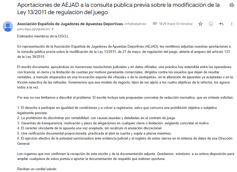 AEJAD_ESP's tweet photo. Hemos presentado las aportaciones de AEJAD a la consulta pública de la DGOJ para reformar la Ley del Juego (Ley 13/2011). Llevamos tiempo denunciando los cierres y limitaciones de cuentas por motivos comerciales, y hoy lo ponemos por escrito ante el regulador 👇 https://t.co/E1SrI2eOvw