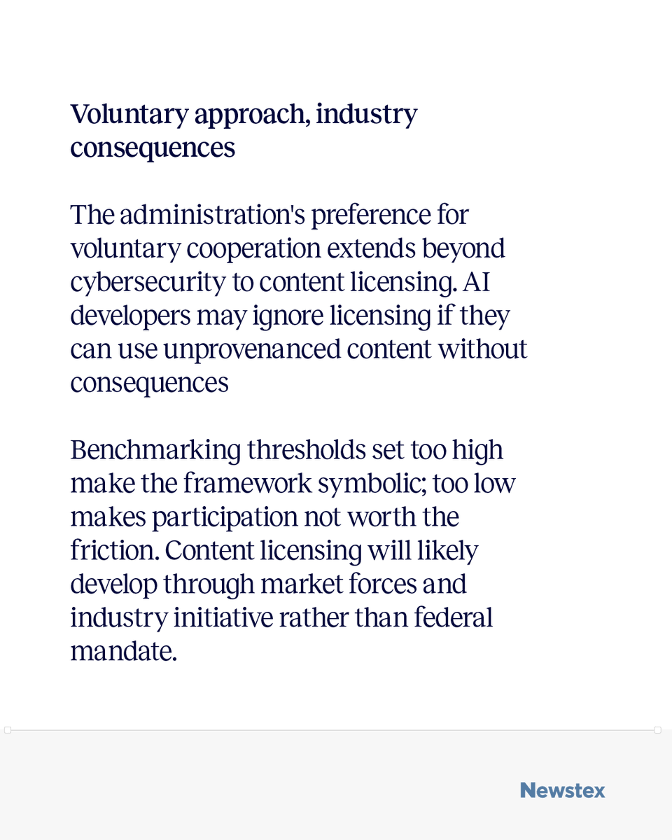 newstex's tweet photo. Frontier AI models can now autonomously exploit hidden software vulnerabilities, yet Trump's June 2026 executive order establishes only voluntary cybersecurity review with a 30-day pre-release window.

The order explicitly rules out mandatory licensing for AI development. Content licensing implications are indirect but significant: voluntary cooperation over legal obligation means publishers cannot rely on federal mandates for compensation. Licensing frameworks will succeed or fail based on industry adoption and market pressure alone.

Read the full analysis on our blog and learn how Newstex delivers licensed news curation services to platforms seeking variety and originality while helping publishers expand their reach.

https://t.co/laq4Q87YW4