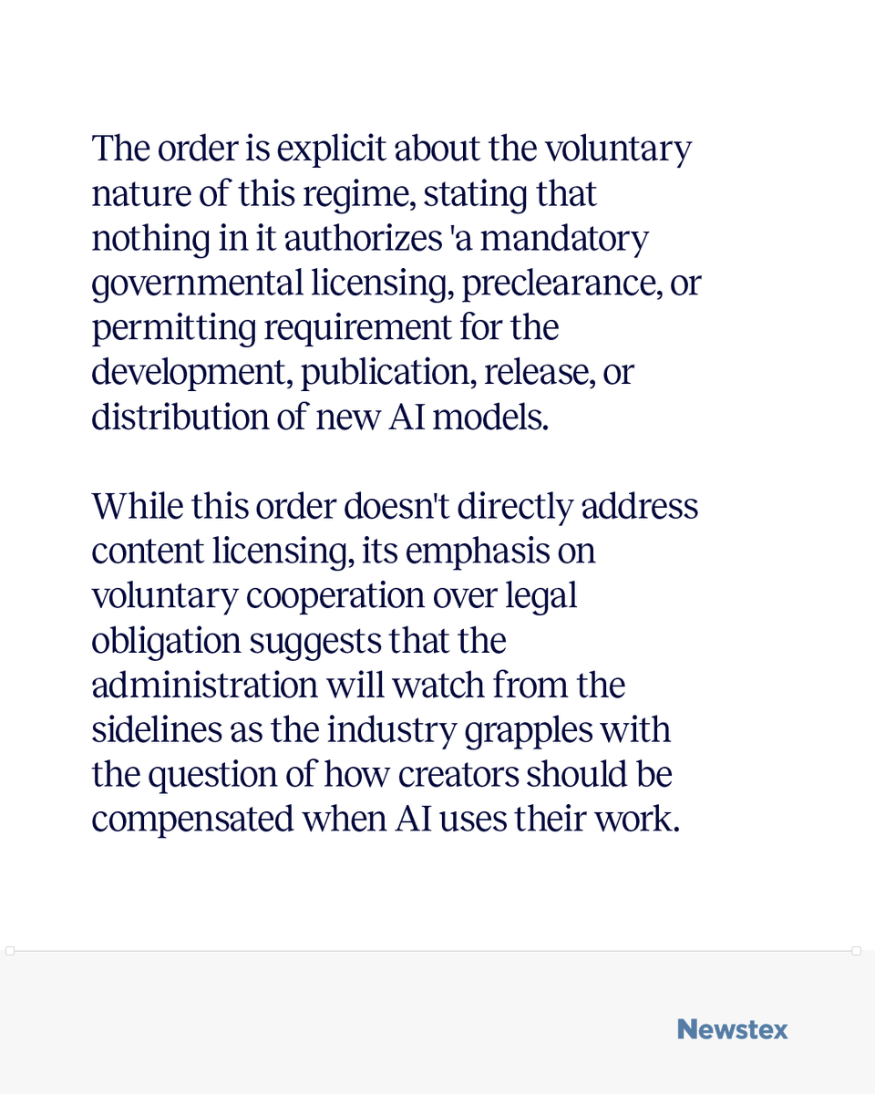 newstex's tweet photo. Frontier AI models can now autonomously exploit hidden software vulnerabilities, yet Trump's June 2026 executive order establishes only voluntary cybersecurity review with a 30-day pre-release window.

The order explicitly rules out mandatory licensing for AI development. Content licensing implications are indirect but significant: voluntary cooperation over legal obligation means publishers cannot rely on federal mandates for compensation. Licensing frameworks will succeed or fail based on industry adoption and market pressure alone.

Read the full analysis on our blog and learn how Newstex delivers licensed news curation services to platforms seeking variety and originality while helping publishers expand their reach.

https://t.co/laq4Q87YW4