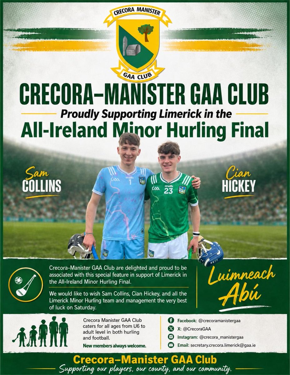 CrecoraGAA's tweet photo. Wishing Sam Collins, Cian Hickey and all the Limerick Minor Hurling Team the very Best of Luck in the All Ireland Minor Hurling Final on Saturday 27th of June at 3pm. https://t.co/btywApdoeo