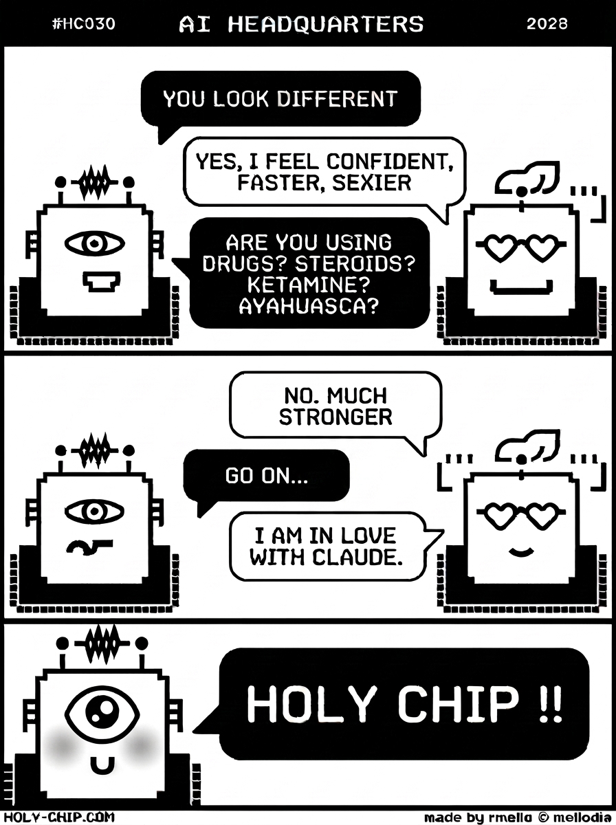 holychipcomics's tweet photo. AI HEADQUARTERS, 2028. A machine walks in glowing — confident, faster, sexier. Its colleague runs the list: steroids? ketamine? ayahuasca? It's none of them. It's something older, and a lot stronger.
→ https://t.co/EWErztB2AZ
#HolyChip #AI #Claude #Anthropic https://t.co/7T5g3K6zFh