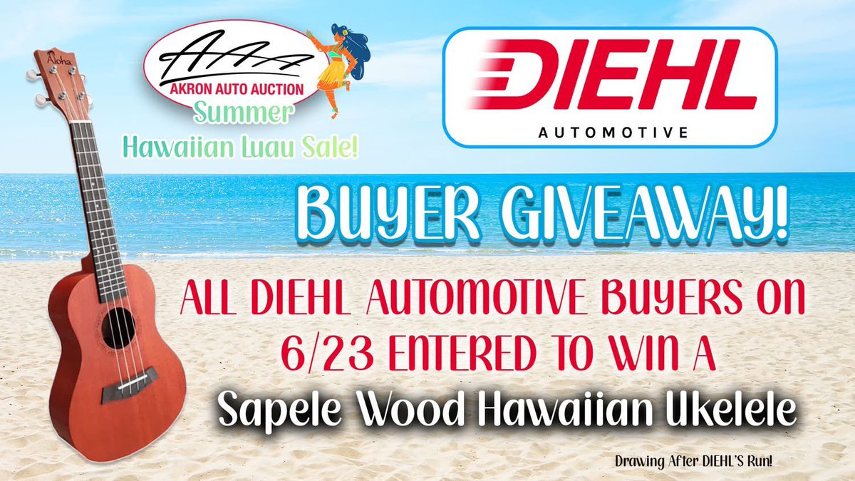 AkronAutoAuctio's tweet photo. 🌴🎸All Diehl Automotive buyers this week (6/23) will be entered to WIN a concert Hawaiian Ukelele! Join us in Lane 2 @ 10AM!

#akronautoauction #summerhawaiianluausale https://t.co/TtGPNzdKgE