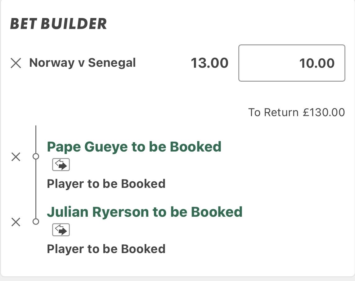 Sharpfootypicks's tweet photo. 🟨Norway vs Senegal Card bet 🟨

Only on the double tonight, fancy these two as Ryerson is up against Sadio mane which will be a tough test. 

Was torn between Gueye and Berge but went for Gueye.

#Betting #Worldcup #Cardbet https://t.co/iN2TFcWHKV