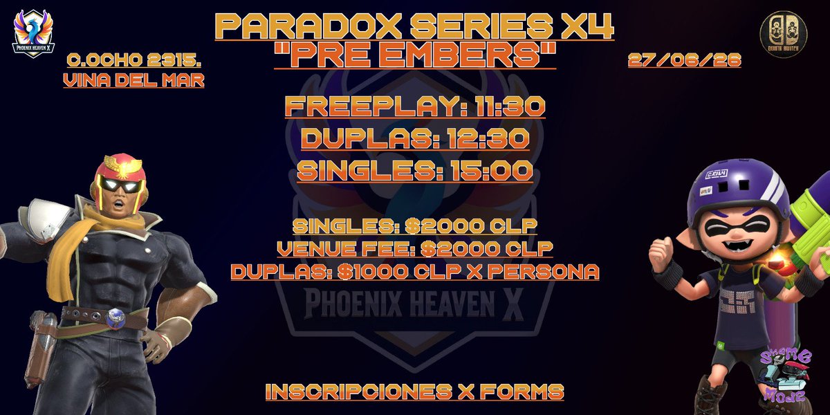 PhoenixTeam_GG's tweet photo. Les presentamos Paradox Series X4: Pre embers!
Este sábado 27 tendremos nuestro pre regional, con singles y dobles.
Los estaremos esperando en viña del mar! ❤️‍🔥
⬇️ Inscripciones en respuestas ⬇️ https://t.co/cYfiHLxcSt