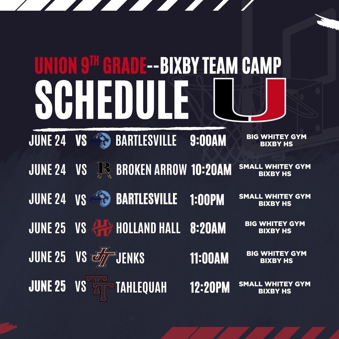 Union_Hoops's tweet photo. โ๏ธBIXBY TEAM CAMP SCHEDULEโ๏ธ
๐8th Grade
๐9th Grade
๐Wednesday, June 24 & Thursday, June 25
๐๏ธ $5 adults/$3 students
๐Bixby High School Gym & Middle School Gym
#Consistency #NeverOutworked
@Union_Athletics https://t.co/oI1M82dCRc