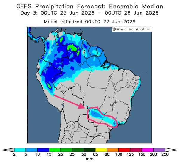 Grainwiz's tweet photo. Revue des marchés - 22 juin 26: Météo – Amérique du Sud 

 * Dans l’ensemble, peu de changements sont observés à court terme dans les prévisions météorologiques pour le Brésil. L’analyse des cartes GFS (World Ag Weather), illustrées jusqu’au 3e jour,… https://t.co/ROXHVrF2ls https://t.co/vLNJT7Y8r1