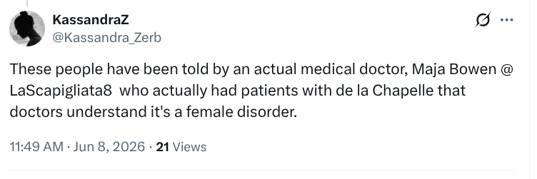 PraxisDream's tweet photo. @LightninLex Also be careful of Kass, a close ally of Sierra's, as she is claiming males with DLC are 'females', despite them having a penis, prostate and underdeveloped testes, which makes them unarguably men. It really makes me question some of the ppl claiming to be GC/radfem.. https://t.co/yzIDDFRlBz