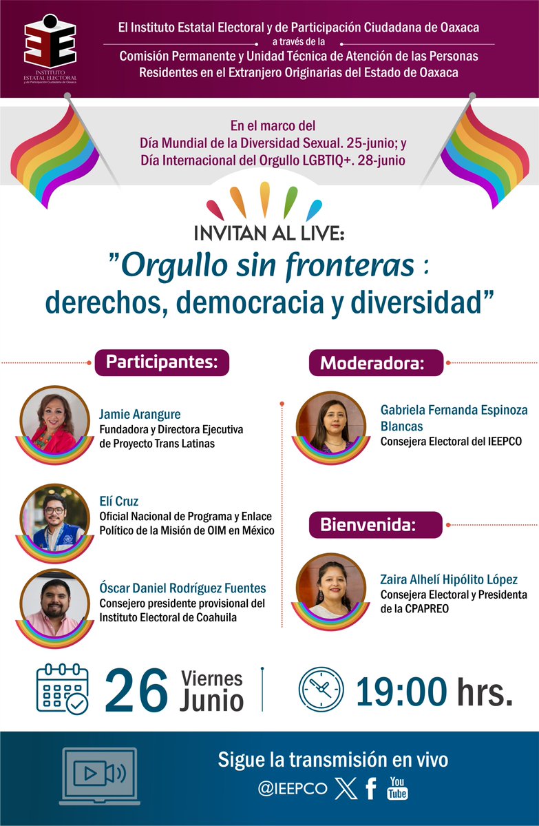 IEEPCO's tweet photo. En el marco del Día Mundial de la Diversidad Sexual y del Día Internacional del Orgullo LGBTIQ+, te invitamos a seguir el conversatorio “Orgullo sin fronteras: derechos, democracia y diversidad”
📅Viernes 26 de junio
🕖7:00 pm
📲 Transmisión por https://t.co/Li7Dm8Dijd https://t.co/GJch4aZtSS