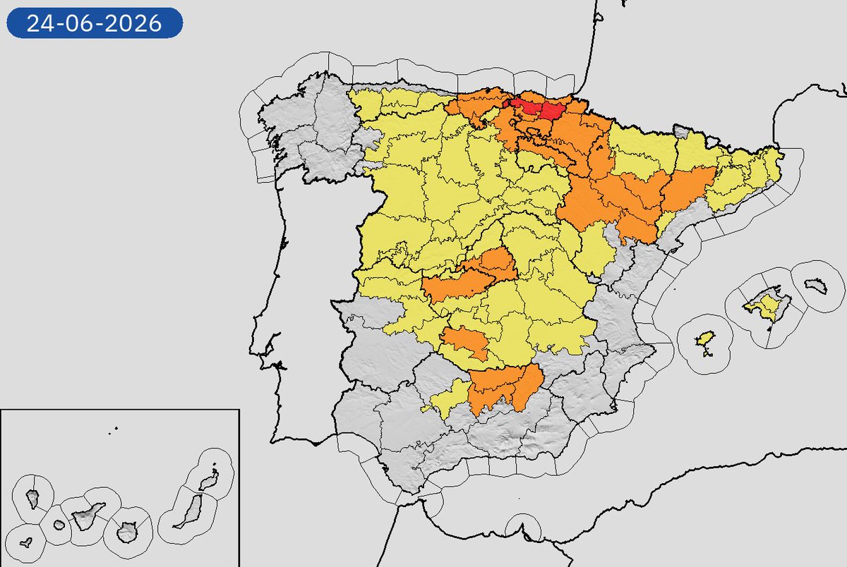 AEMET_Esp's tweet photo. 23/06 00:06 AVISOS HOY Y MAÑANA | España: temperaturas máximas. Nivel máximo de aviso: rojo.
Actualizaciones en https://t.co/BLdoSsO2Qv https://t.co/w3LE4F6BH6