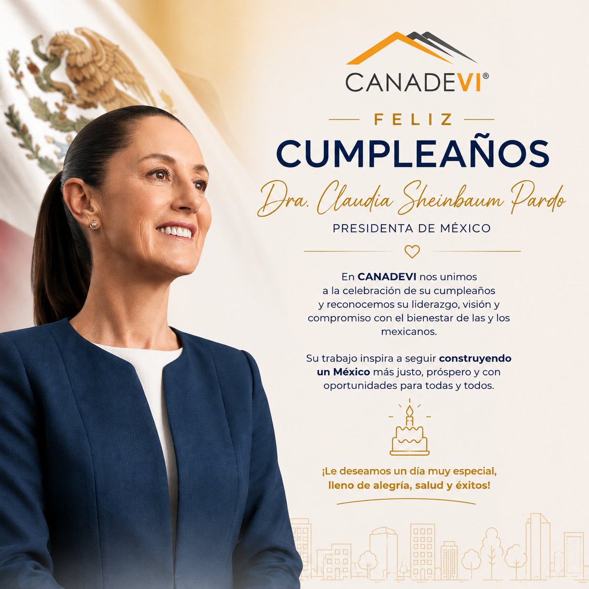 CANADEVINAC's tweet photo. Desde #CANADEVI y a nombre de nuestro Presidente @_RamirezCarlos_, extendemos una cordial felicitación a la Dra. @Claudiashein, Presidenta de México, con motivo de su cumpleaños.
Reconocemos su compromiso con el desarrollo del país y le deseamos salud, bienestar y éxito en las responsabilidades que encabeza en favor de las y los mexicanos.
¡Feliz cumpleaños! 🎉🇲🇽