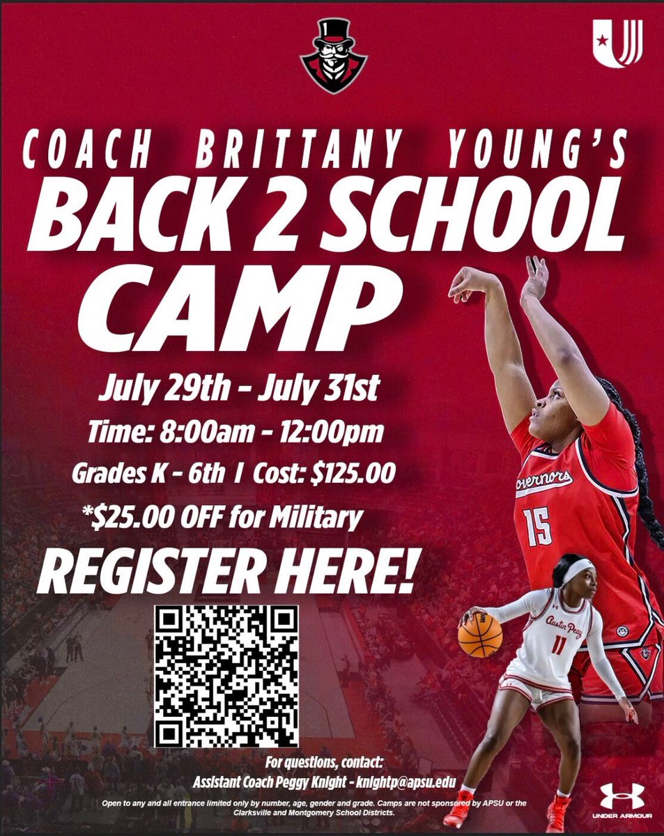 Young_CoachB's tweet photo. 🏀📚Get ready for school with the Govs! 

Join us for our Back-to-School Basketball Camp for K–6th graders!

✅ 3 days of basketball &amp; fun 🎒 FREE school supplies on the final day (while supplies last) ❤️ Learn. Compete. Grow.

Register Today!!!!

#LetsGoPeay  #BackToSchoolCamp https://t.co/qRfmGXMuDy