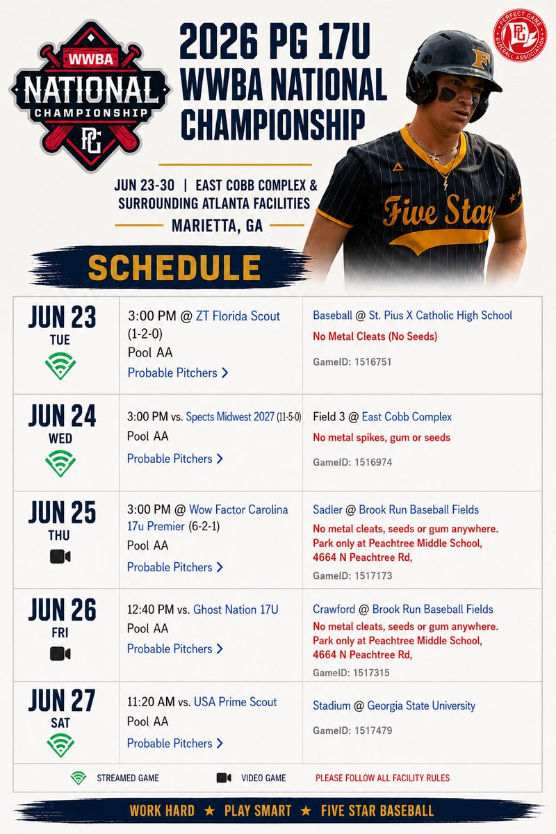 2026Five's tweet photo. WWBA NATIONAL CHAMPIONSHIP

Here’s my schedule below.  Feel free to reach out to me with any questions.  

** Schedule Change **

@Rusty_Kellum @5starnational @BPC_Recruits @brandonsreeder @Josh_McDonald14 @jkorte5 @chrisbosco22 @HulseJd https://t.co/SfuYKIloZd