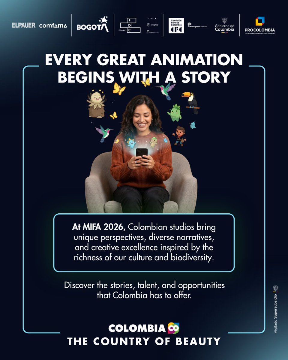 PROCOLOMBIACO's tweet photo. From June 23 - 26 #TheCountryOfBeauty to the global animation stage. 

🎬Colombia's talent, creativity, and storytelling continue to connect with audiences around the world. At MIFA 2026, our animation industry is ready to build new partnerships and bring new stories to life.

@comfama @Proimagenes @culturaenbta