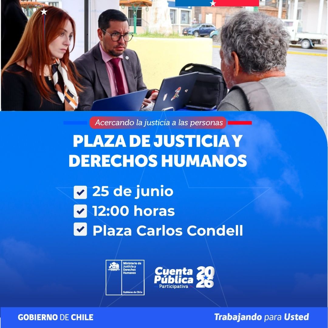 MinjudhTarapaca's tweet photo. ¡Atención #Iquique! 🇨🇱 Este jueves 25/06 realizaremos la 2° Plaza de #Justicia 2026 en #Tarapacá. Todos los servicios del @MinjuDDHH y el Bus del @PJudicialChile atenderán tus consultas jurídicas.
⏰ 12:00 a 17:00 hrs.
📍 Plaza Carlos Condell.
¡Los esperamos!
#TrabajandoParaUsted https://t.co/mstX7t8kNr