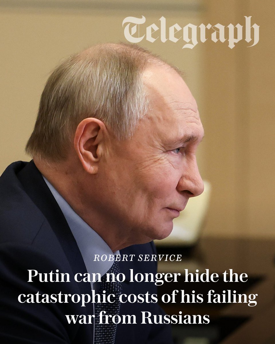Telegraph's tweet photo. 'It is hardly surprising to be told that political leaders often want to receive information that fits their predilections. But this is a different scenario.'

Robert Service discusses how Putin can no longer hide the catastrophic costs of his failing war from Russians ⤵️
https://t.co/tXQoyv9rRs