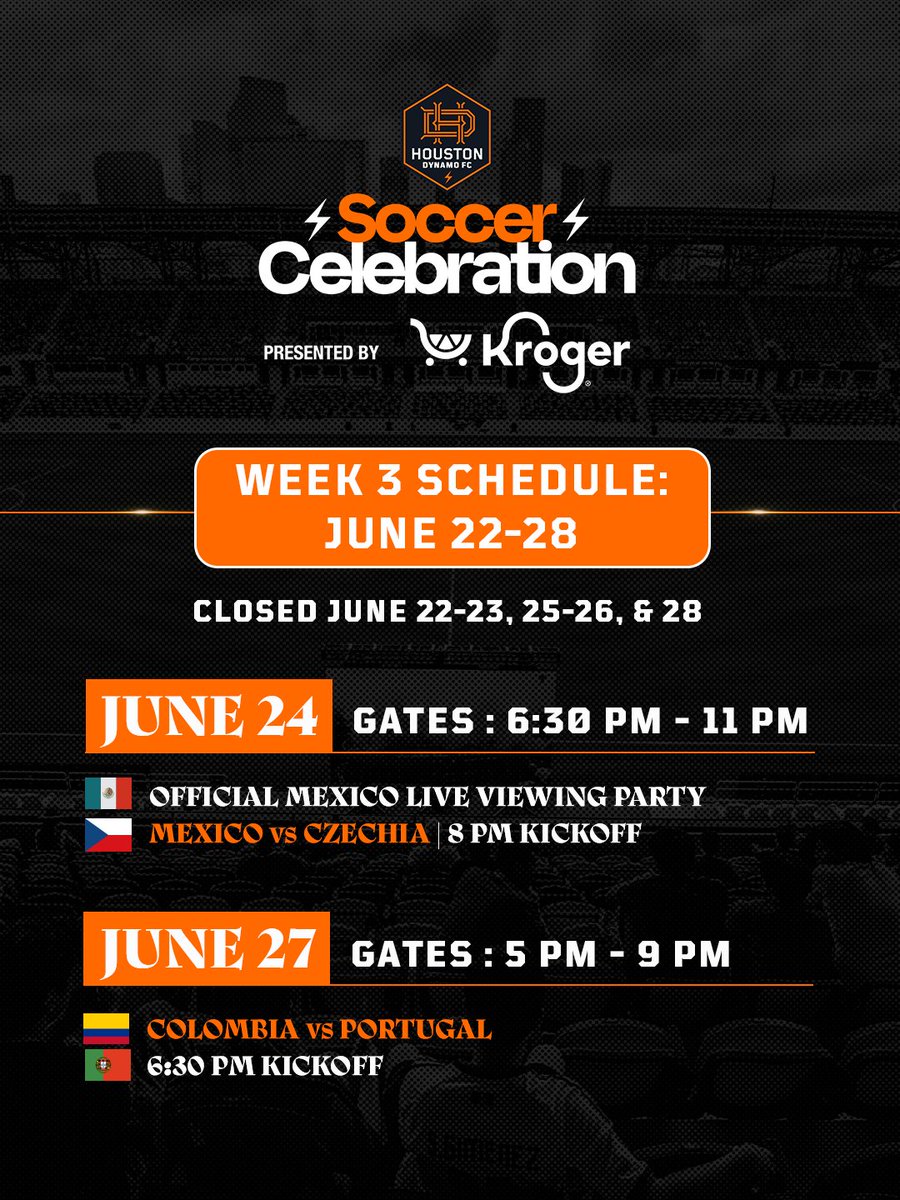 HoustonDynamo's tweet photo. We've got updated dates and times for Soccer Celebration this week! From our incredible live viewings, family fun activities and more, we've got an experience you don't want to miss!

🎟️ https://t.co/ZBya1ESPsM https://t.co/pV5MM1NE9r
