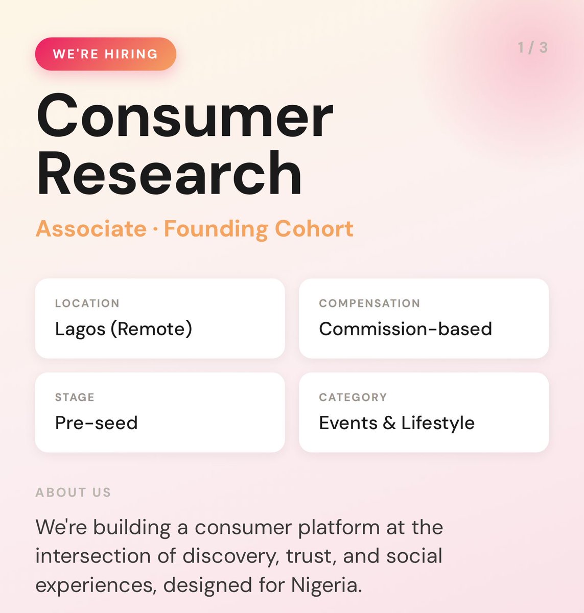 thheOracle's tweet photo. Hiring!

Looking for 2-3, curious people in Lagos for a consumer research role for an events &amp; lifestyle startup. You’ll spend your days talking to people and digging for the real story behind how they plan events and turning that into insight that shapes the product. https://t.co/zCR33sHU9t