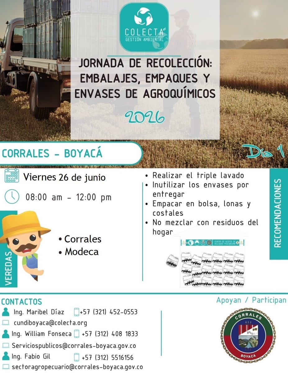 corralesboyaca's tweet photo. La Alcaldía Municipal de Corrales, invita a participar en la **Jornada de Recolección de Embalajes, Empaques y Envases Vacíos de Agroquímicos.
🗓️ Fecha: Viernes 26 de junio
🕗 Hora: 8:00 a.m. a 12:00 m.
📍 Puntos de recolección: Vereda Corrales y Modeca
https://t.co/Q3NMM5akjd https://t.co/8M9rK8Zk0J