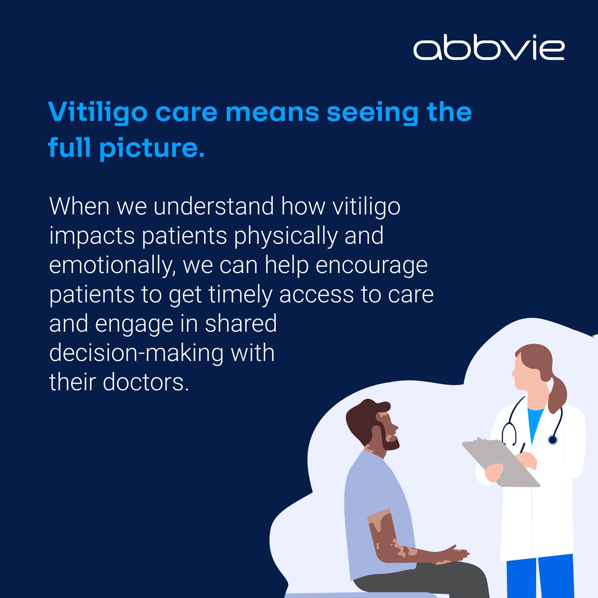 abbvie's tweet photo. Vitiligo is more than a skin condition, it’s a chronic autoimmune disease with mental health impacts that affect quality of life. This #VitiligoAwarenessMonth, learn more from our partner organizations below who are raising awareness and education for vitiligo and its impacts. https://t.co/gyWYNplgbG