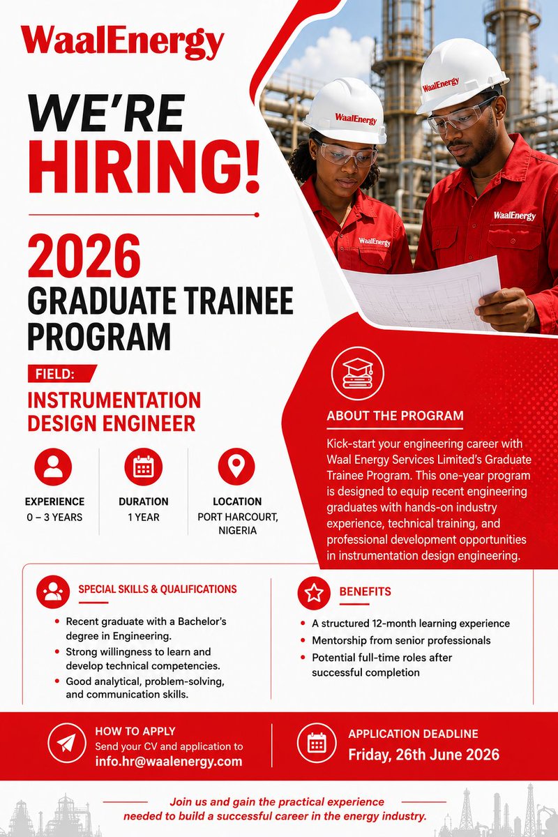 Ingawa_Job_Bank's tweet photo. PROGRAM ALERT

Graduate Trainee Program at Waal Energy Services
Location : Rivers

Requirements :
- Recent graduate with a Bachelor's degree in Engineering.
- Strong willingness to learn and develop technical competencies.
- Good analytical, problem-solving, and communication skills.

Benefits :
A structured 12-month leaming experience
Mentorship from senior professionals
Potential full-time roles after
successful completion

Click the link below to apply⤵️
https://t.co/k96jqhSZ0y

Kindly share with qualified candidates and recent graduates in your network.