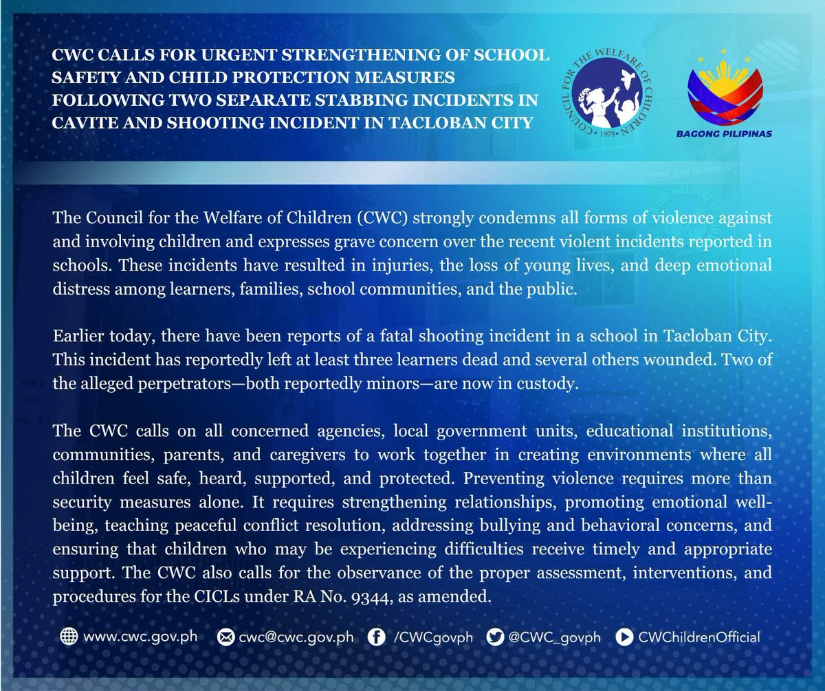 radyopilipinas1's tweet photo. Matapos ang sunod-sunod na insidente ng karahasan sa ilang eskwelahan, nanawagan ang Council for the Welfare of Children (CWC) ng mas pinalakas na school safety measures para sa kaligtasan at proteksyon ng mga bata.

Ayon sa CWC, labis nitong ikinaalarma ang nangyaring mga insidente ng pamamaril sa isang paaralan sa Tacloban City na ikinasawi ng tatlong mag-aaral at ikinasugat ng iba pa.  | ulat ni Merry Ann Bastasa 

#RadyoPilipinas #RadyoPubliko #IntegratedStateMedia #ISM #PBSDigitalMedia

https://t.co/kD9qgqksJO