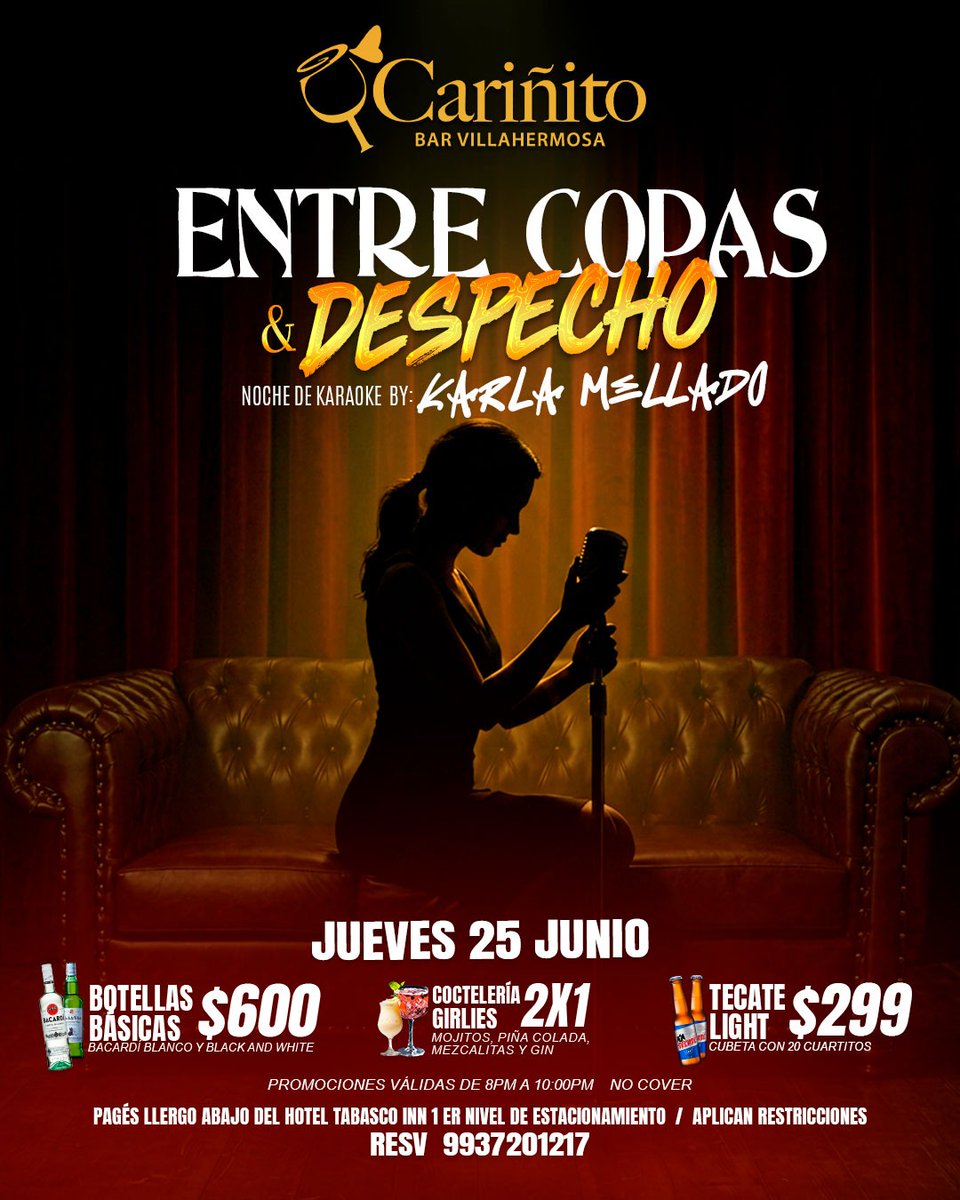 GAPAV3's tweet photo. 🎤 Jueves 25 de Junio: Entre Copas y Despecho (Karaoke)
​💃 Viernes 26 de Junio: Salsa con Jairo Ávalos y Zona Xero🍹 

​🎺 Sábado 27 de Junio. Patrones del Sureste.
​
📩 Reserva tu mesa por WhatsApp al número 993 720 1217 https://t.co/YysqqoIWJ0
