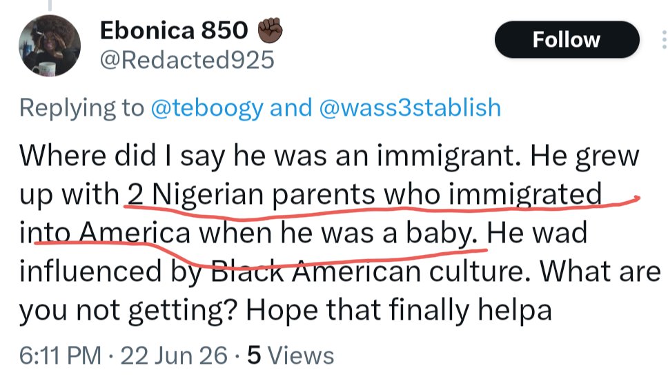 teboogy's tweet photo. @Redacted925 @wass3stablish Asking when you called him an immigrant in the same post you called him an immigrant is psycho 😂 https://t.co/SjJ858ilXX