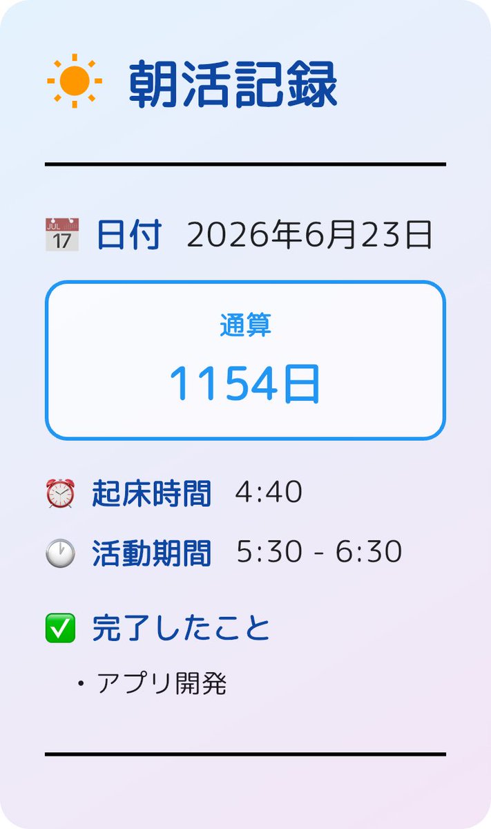 devloger0725's tweet photo. 2026年6月23日の #朝活記録
#朝活 https://t.co/gfORtQhLqq