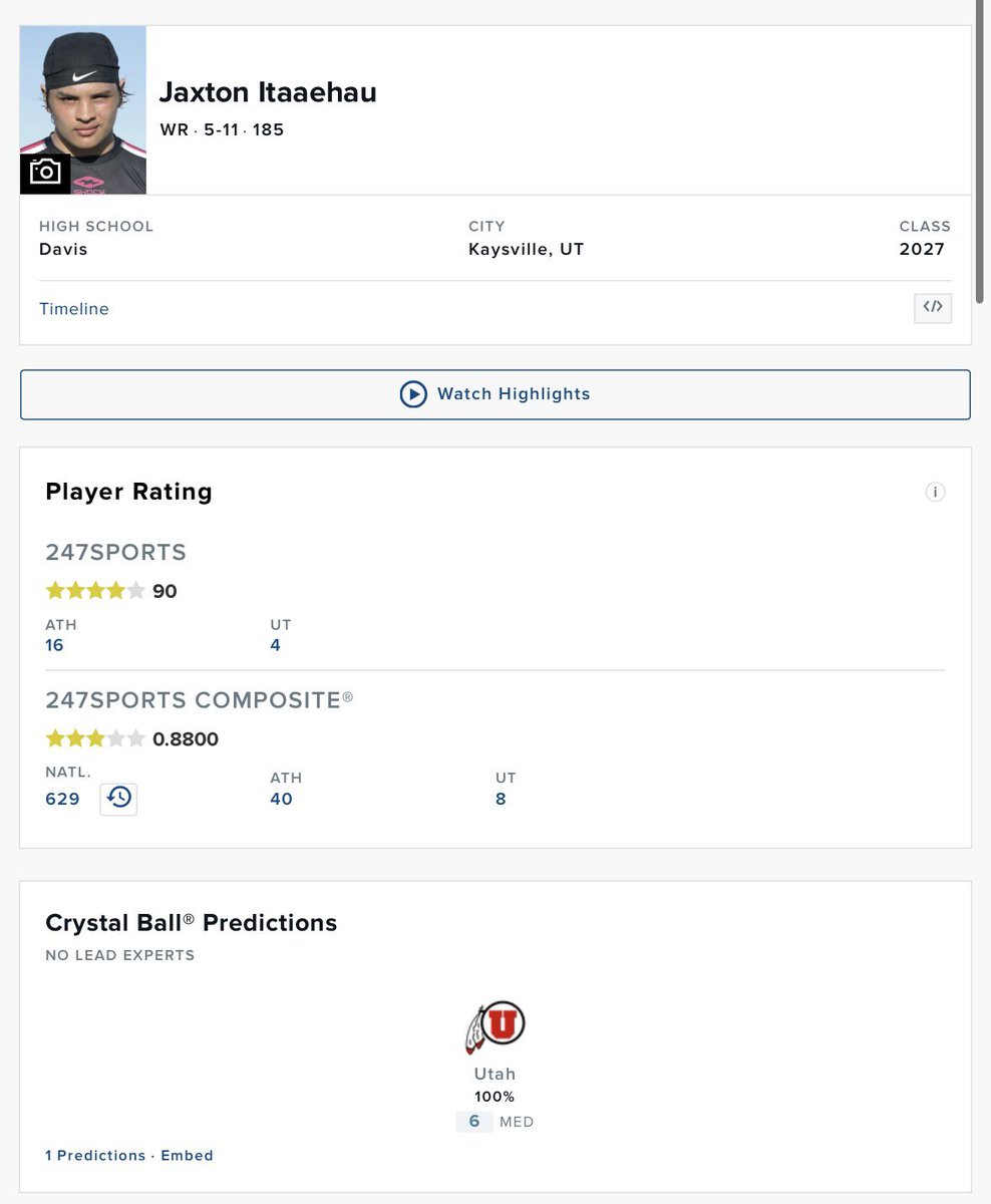 UteOutsider's tweet photo. Jaxton Itaaehau (WR/ATH) is crystal balled to Utah https://t.co/Ibf9Ki4LNC