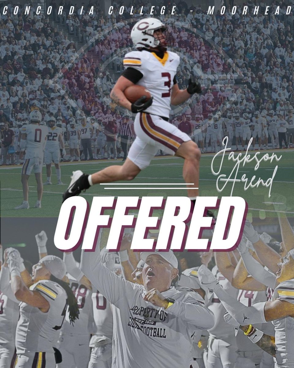 Jacksonarend's tweet photo. After a great phone call with @CoachJoelKing I am incredibly grateful to receive an offer to play football at Concordia Moorhead!! @Tim_Hughes02 @GarretsonFB https://t.co/EPIRwLPaVU