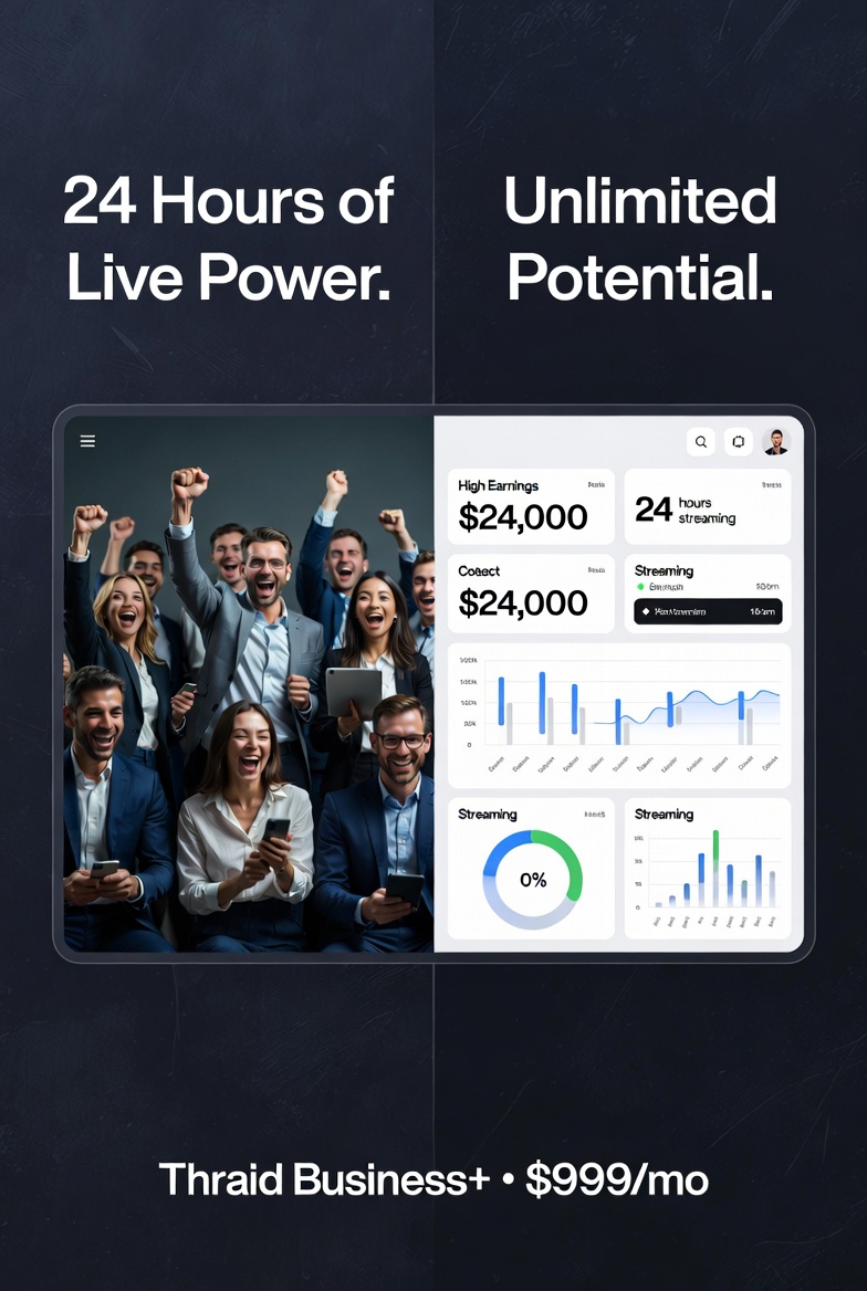 NameInvestments's tweet photo. Perfect For Every Creator (Use Cases)

Horizontal Scroll or Grid:

Coaches & Consultants

Corporate Trainers & L&D Teams

Professors & Thought Leaders

Real Estate & Professional Services

Emerging Creators & Side Hustlers

Organizations & Brands

Choose Your Plan → Instant upgrade

Get Verified → Build instant trust

Create & Go Live → PPV Rooms, Stage, Theater

Get Paid & Grow → Automatic payouts + promotion tools

Thraid Services Summary (Fresh from https://t.co/JWCGrRuGyD)

Thraid is a credentialed identity + live ecosystem platform. Core offerings include:

Identity Tiers & Badges — Build trust with escalating verification and professional badges.

Live Studio — OBS/RTMP streaming, PPV Rooms (paid lectures/lessons/trainings), roundtables, karaoke, theater, 1-on-1 tutoring, debates.

Monetization — PPV Rooms with gate pricing + automatic payouts, tokens for boosts, promotion bots.

Business Tools — Analytics, RSS bots, Professional Desk, Ads campaign builder, Markets (real estate, domains, NFTs), Launch Kit.

Subscription Tiers:

Free → Basic access

Verified Free ($3 one-time) → Trust badge

Thraid+ ($10/mo) → Creator identity, profile boost, 1,200 tokens

Business ($499/mo) → Company/brand tools, 2 promotion bots, 5 hrs Stage Room streaming, 10,000 tokens

Business+ ($999/mo) → Maximum power: Gold badge, 4 promotion bots, 24 hrs streaming, 25,000 tokens

Campaign Goal: Convert regular users → paid subscribers, and scale individuals → organizations/teams.

Join now:  https://t.co/ZZ9M7b2eMf