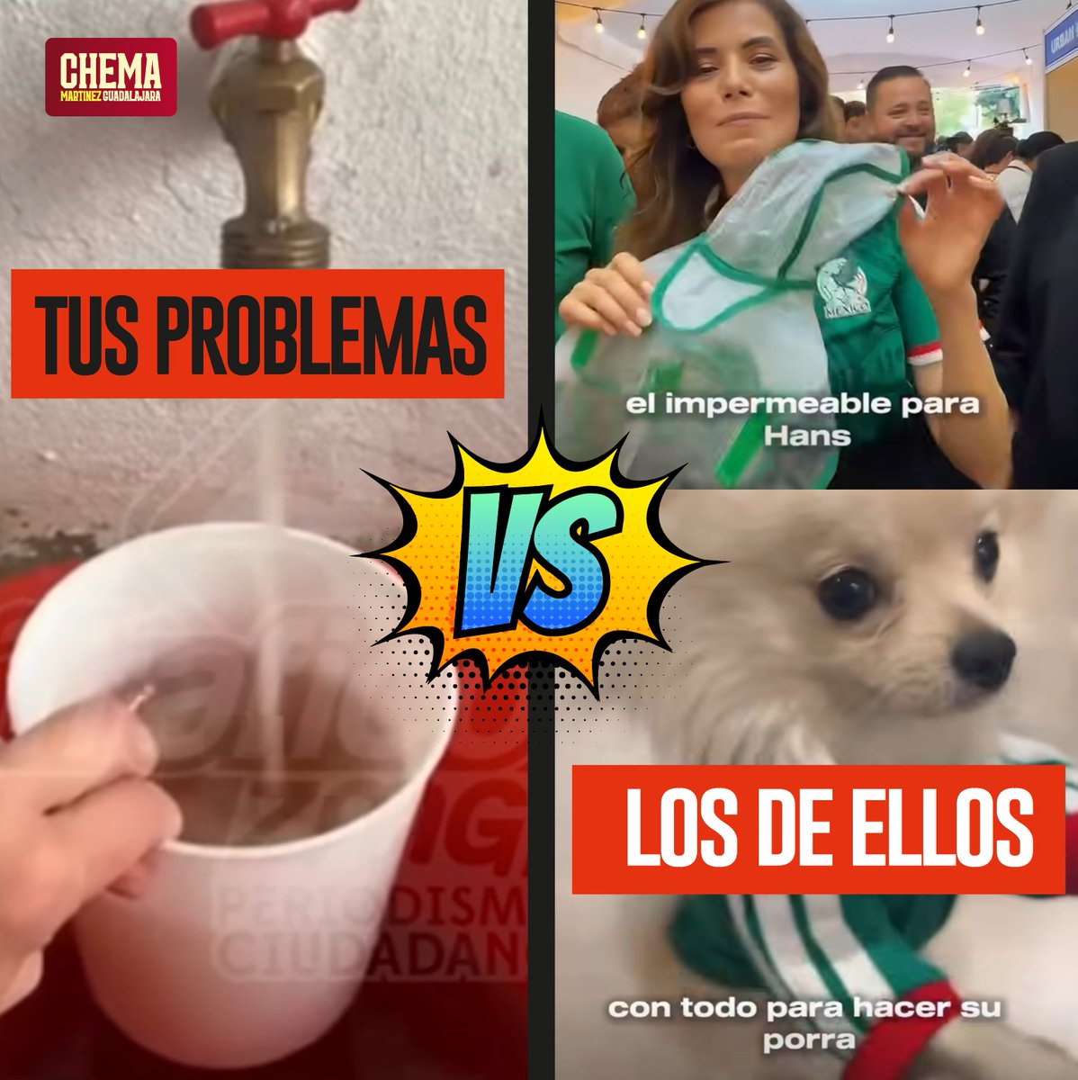 chemamtz_'s tweet photo. Mientras a miles de familias les llega #AguaPuerca, la #MañaNaranja 🍊 está en "modo party".
Sus prioridades: el show, la foto y hasta el impermeable para que el perrito no se moje en el Mundial.
Las nuestras: que llegue agua limpia a cada casa.
Esa es la otra #Guadalajara. La que les estorba en la foto.
#PincheAguaPuerca #LasDosGuadalajaras #ChemaMartínez