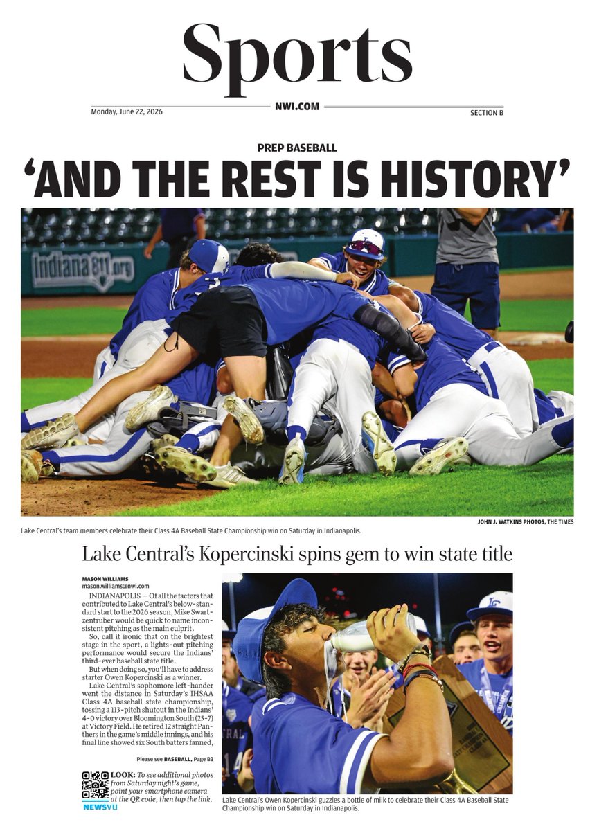 mvsonwilliams's tweet photo. The front cover of Monday's @nwi E-edition Sports section, featuring state champion @LCIndiansBball ⬇️ #nwipreps https://t.co/oFUYfZaxUL