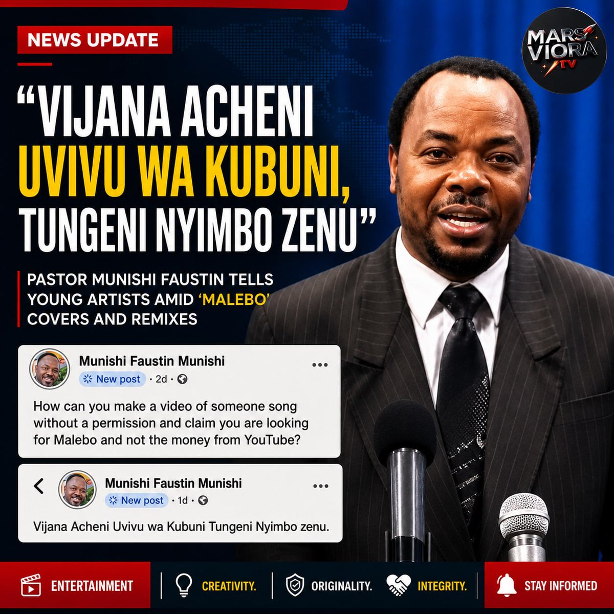 SayyHassan's tweet photo. Pastor Munishi Demands Artists Stop Remixing 'Malebo' Without Permission

#MarsVioraTV #PastorMunishi #Malebo #CopyrightInfringement #MusicNews
Mwangi wa Iria https://t.co/HchJEWTyu1