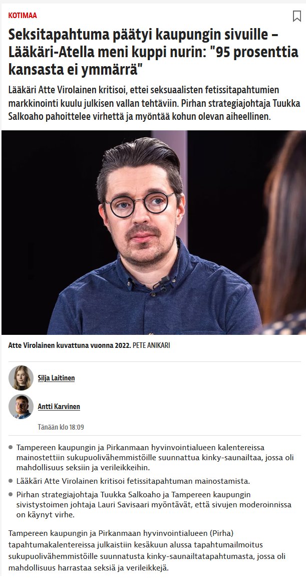 NooraMuittari's tweet photo. Sen tietää muuten nyt jo, että Setan "Pride-tapahtumiin kohdistuneista vihateoista Suomessa 2026" raportissa vuodelta 2026 tullaan esittämään tämä keskustelu.

Seta tulee kuvaamaan vuoden 2026 "vihatekoja Pride-tapahtumia kohtaan" raportissa tästä fetissitapahtumasta keskustelun tyyliin "kohdistui vihatekoja, joka ilmeni poliittisena ja taloudellisena painostuksena, Pride-tapahtumien seksualisointia ja yhteistyökumppanin Pirhan kritisointia vain siksi, että se oli sateenkaaritapahtuman mainostaja".

Vuoden 2025 "vihatekoja Pride-tapahtumia kohtaan" tulkittiin kaikki vääristä emoijeista Pride-liputusten kyseenalaistuksiin ja kaikki sen välille asettuva keskustelu sekä "yleinen keskustelu sosiaalisessa mediassa ja lehtien mielipidepalstoilla".

Esimerkkejä verkon vihateoista oli mm. julkaisuihin reagointi "viha- ja nauruhymiöillä", "epämiellyttävät reaktiot (oksentava emoji)" ja "tekoälykuva, jossa kahden lapsen kanssa kirjaa lukeva aikuinen torjuu sateenkaaren keskiaikaisella kilvellä".

Setan raportin mukaan "kymmenessä tapauksessa vihateko ilmeni väkivaltana", kuten sateenkaarilippujen tai mainosten repimistä, varastamista ja/tai polttamista. Yhdessä tapauksessa Priden tapahtumapaikalle ilmestyi vihamielisiä tarroja.

Vääristä emojeista loukkaannutaan lähes yhtä paljon kuin vääristä pronomineista. Sateenkaarilippuun suhtaudutaan jonain pyhänä reliikkinä, jota kohtaan aggressiiivinen kirjoittelukin on viharikos.

Uhriutumismentaliteetti laitetaan maksimiin (siis siitä mitä on jo nyt) ja tätä keskustelua tullaan käyttämään perusteena siihen miten tarvitaan vähän lisää "positiivista erityiskohtelua" ja lisää sateenkaarta aivan kaikkialle.