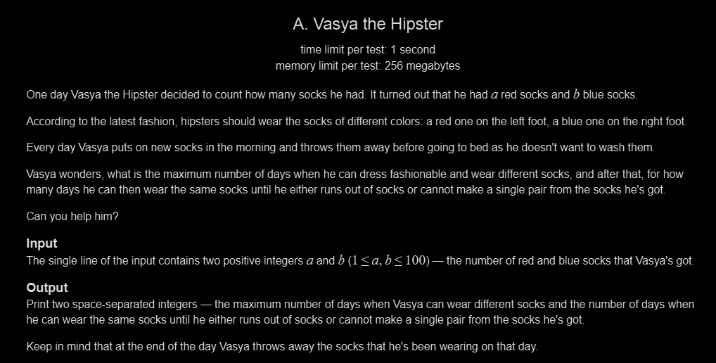 Siddhesh_2110's tweet photo. Day 202 🚀
✅ LC POTD
✅ GFG POTD
✅ CF 1x Problem
CF Insight (Vasya the Hipster):
Different-color pairs = min(a, b)
Remaining same-color pairs = |a - b| / 2
A simple greedy observation problem.
#Day202 #DSA #Codeforces #LeetCode https://t.co/xQND6imwjp