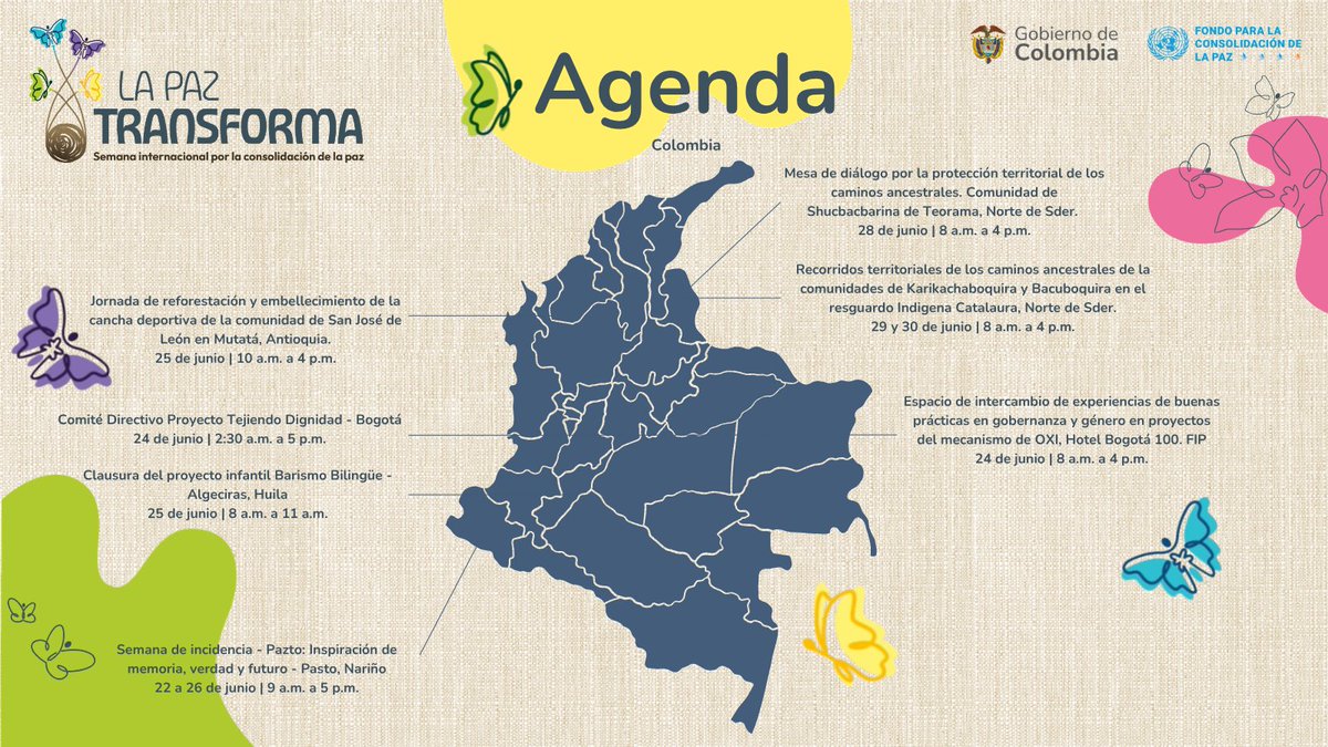 FondoONUCol's tweet photo. 👋Hoy estamos iniciando #LaPazTransforma, la Semana Internacional por la Consolidación de la Paz con actividades en distintos lugares del país. 

📍Revisa el siguiente mapa, agéndate y participa. #PeacebuildingWeek https://t.co/33sg1tXZ1C