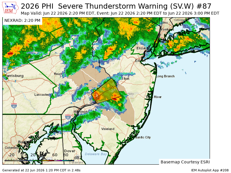 iembot_phi's tweet photo. PHI issues Severe Thunderstorm Warning [tornado: POSSIBLE, wind: 60 MPH (RADAR INDICATED), hail: 0.75 IN (RADAR INDICATED)] for Burlington, Camden [NJ] and Bucks, Montgomery, Philadelphia [PA] till 3:00 PM EDT https://t.co/LDqCyTtlvn https://t.co/JFOdVCaEUN