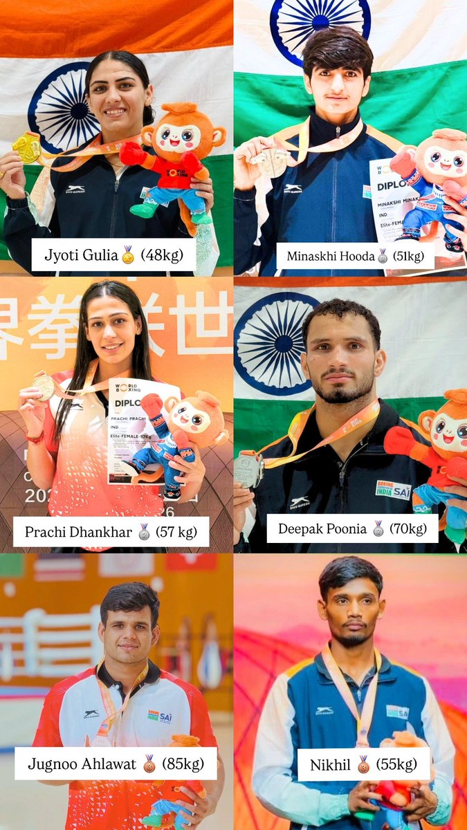 RandeepHooda's tweet photo. लै.. फेर कूट दिए। 
थाम ना मन्नो 👊🏽👊🏽👊🏽

Nothing inspires a nation more than grit, courage and the will to fight till the very end.

Congratulations to @jyotiguliaboxer #MinakshiHooda #PrachiDhankhar 
@OlyDkp #JugnooAhlawat and #Nikhil for making India proud at the #WorldBoxingCup in #China. 🇮🇳🥊

Six medals. Countless dreams ignited. The future of Indian boxing looks stronger than ever. 🇮🇳🙌
