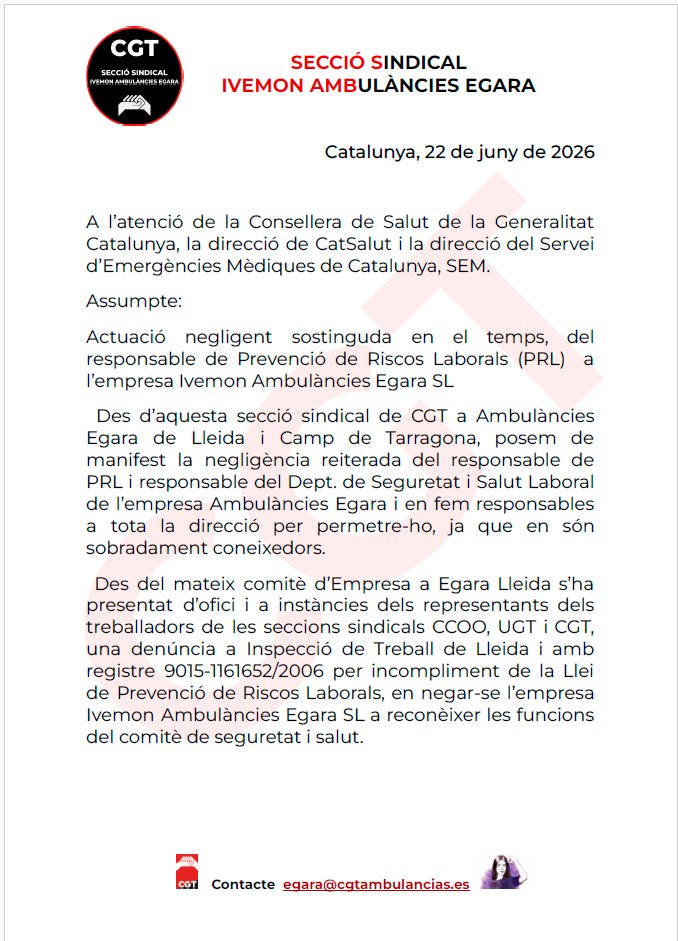 CGT_Ambulancias's tweet photo. LA PREVENCIÓ DE RISCOS LABORALS NO ES UN JOC. EL RESPONSABLE DE PRL A AMBULÀNCIES EGARA JUGA AMB LA VIDA DELS PACIENTS I DELS TREBALLADORS. https://t.co/0hGaORK3PJ