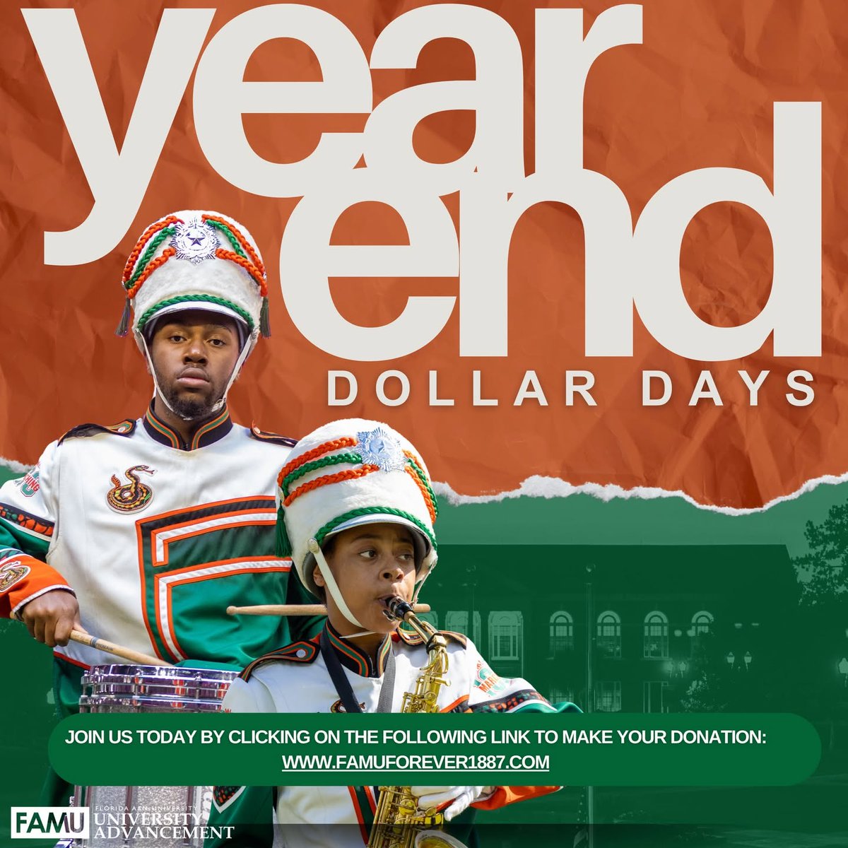 FAMUALUMNI1887's tweet photo. 📷 ONLY 8 days LEFT until June 30! Make sure every Rattler counts by giving just $1 or more to be recognized in the 2025-26 fiscal year.

Join us in supporting the Rattler spirit and legacy! Donate today at https://t.co/nJT8JZAyoQ.
#FAMU #FAMUForever1887 #YearEndDollarDays https://t.co/8dfkYZDPla