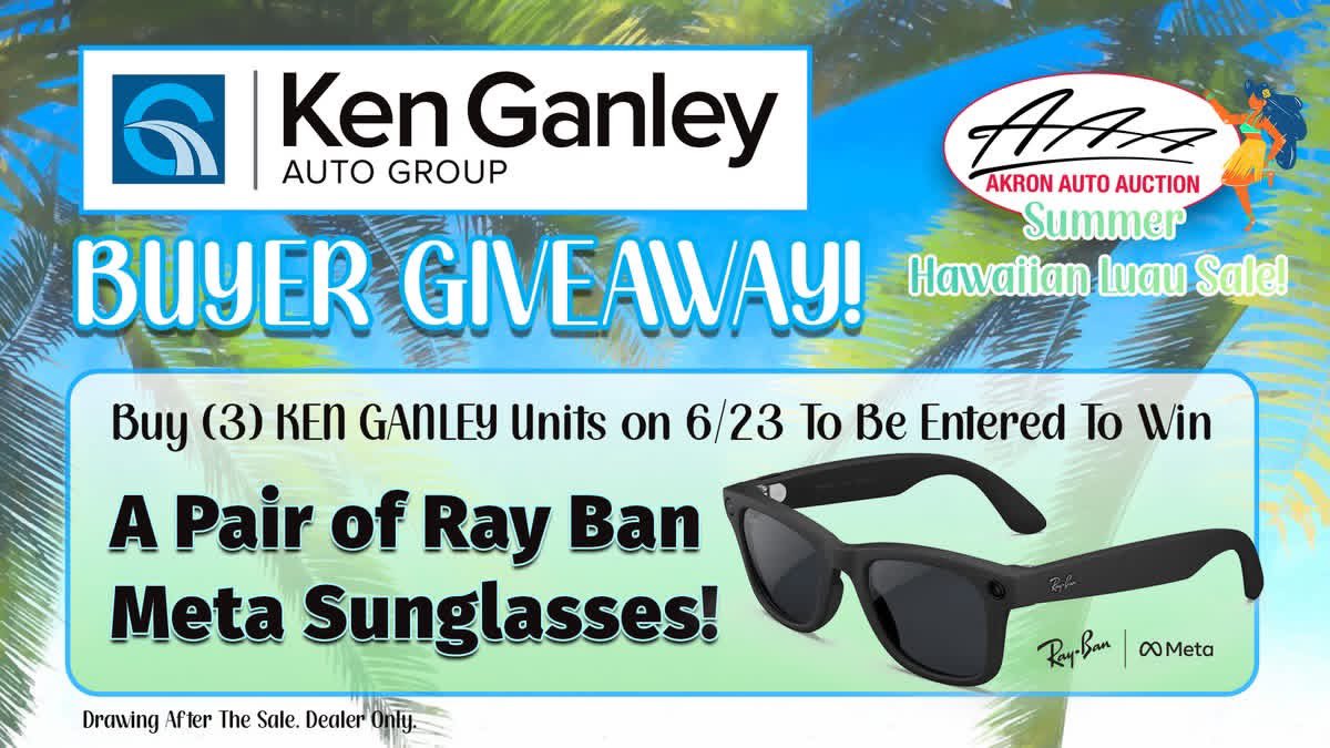 AkronAutoAuctio's tweet photo. 🌴😎Ken Ganley Auto Stores is back this week (6/23) with another amazing lineup featuring over 200+ vehicles! Lane 4 @ 9am!

Dealers - buy 3 or more KG units and you will be enterered to WIN a pair of Ray Ban | META Gen 2 sunglasses!

See all of Ken Ganley's inventory running tomorrow on https://t.co/6QNQrlM5QD

#akronautoauction #summerhawaiianluausale